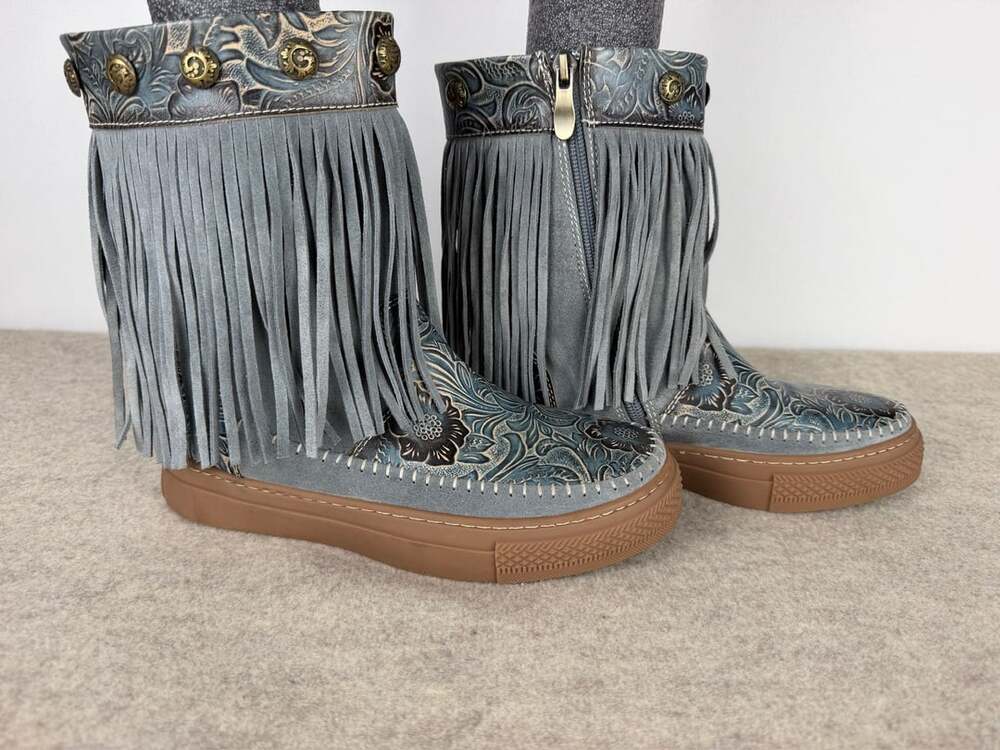 L'Artiste Fringely Bootie Size 36 Blue Leather Fringe Tooled Floral Boots